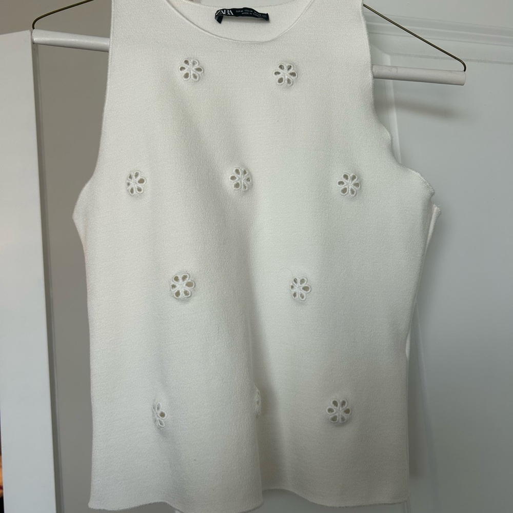 Zara White Tank Top with Floral Cutouts